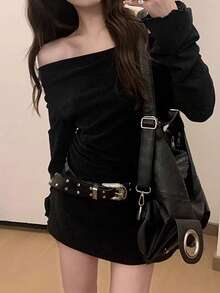 Đầm mini ôm sát dài tay trễ vai màu đen dịu dàng Y6Y Spring, kèm thắt lưng, phù hợp cho phong cách thanh lịch và gợi cảm. - màu đen - Xem 6