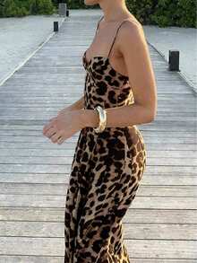 Women's Leopard Print Sleeveless Backless High Waist Dress, Elegant Woven Fabric, Summer - Brown - View 3