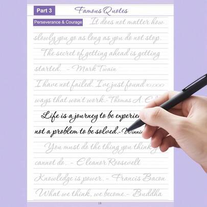 Cuaderno de práctica de caligrafía inglesa para adultos: 32 páginas de trazado cursivo con alfabeto, palabras, citas y pasajes cortos | Mejora la escritura a mano y las habilidades de caligrafía | Práctica de escritura inspiradora