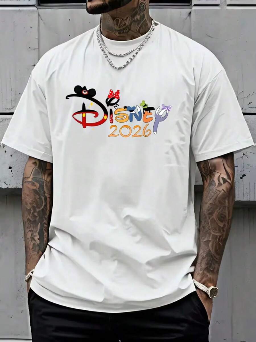Disney Limited Theme Men's 2026 Theme White Short-Sleeved T-Shirt Pattern T-Shirt-Soft And Breathable Casual Shirt, Disney Design Simple And Fashionable For All Seasons, Casual Clothes | Optimistic Printing | Comfortable Style, Mickey Mouse Shirt. - White - View 1