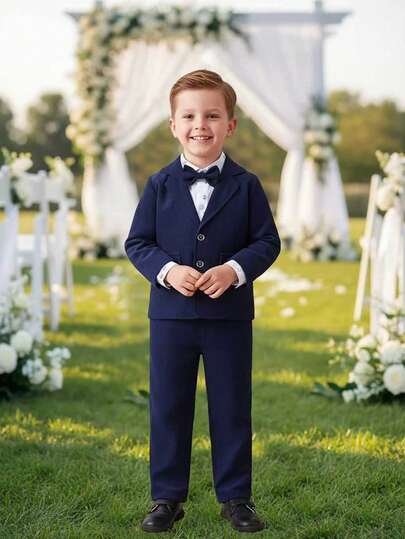 3pcs Young Boys Gentleman Outfit - White Long Sleeve Shirt With Bow Tie, Suspender Pants, And Navy Blue Suit Jacket, Fashionable & Outfit For Birthday Party, Wedding, Ring Bearer, Formal Occasions
