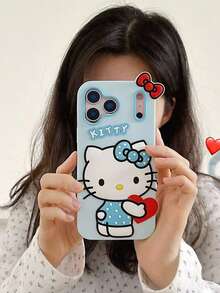 Ốp lưng điện thoại Sanrio hình mèo KT nơ trái tim, tương thích với iPhone 17 Pro Max, vỏ bảo vệ silicon chống sốc cho iPhone 17/16 Plus, 15 Pro, 13/12/11, 14 Pro, thiết kế cá nhân hóa sáng tạo. - Màu xanh nhạt - Xem 1