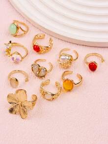 Set de 11 anillos delicados y lindos con rhinestones rosas, regalo de cumpleaños para niñas y niños, accesorios de joyería para uso diario - 11 grandes ojos de gato rosa dorado rosa... - Ver 6
