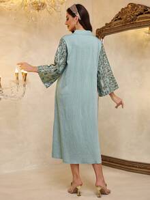 2026 New Style Ramadan Traditional Elegant Embroidered Arabic Dress With Tasseled Neckline, Contrast Stitching, Sequin Accents, Pockets, And Relaxed Flowy Long Sleeves - Green - View 9