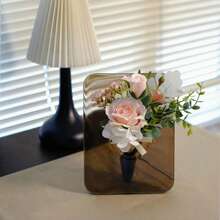 双用途人造花卉摆件，亚克力底座，适用于婚礼和桌面装饰，持久耐用，两种颜色可选：透明/黑色底座 - 黑色 - 查看 1