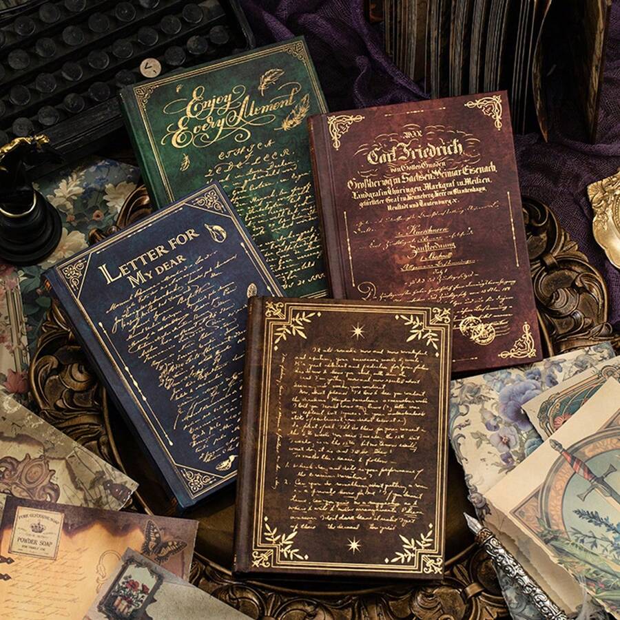 192 Pages Retro Brown Hot Stamping Scrapbook, Writable DIY Collage Book For Junk Journal & Back To School Supplies