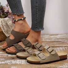 Womens Flats Sandals Adjustable Buckle Slippers Comfort Slides For Women Soft Flat Open Toe Summer Footwear Shoes - 駝色 - 查看 2