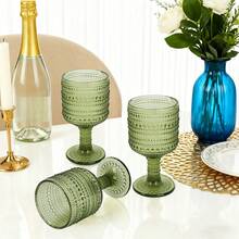 Set Of 6 Vintage Green Stemmed Glasses, 10 Oz Stemmed Goblets For Wine, Cocktails & Holiday Toasting - Emerald Barware For Wedding, Christmas Party & As A Unique Gift Set - 橄欖綠 - 查看 3