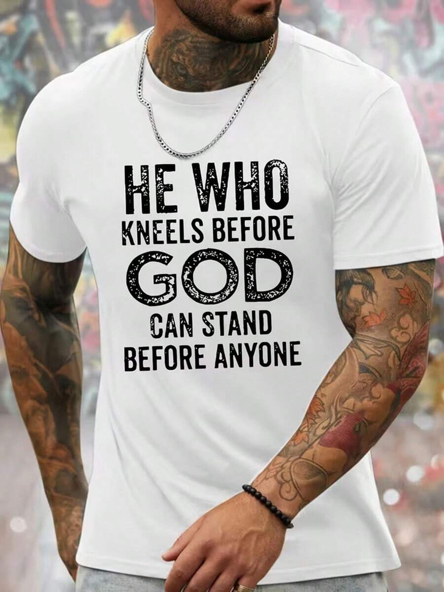 playera de hombre Playera De Manga Corta Para Hombre Con Diseño Gráfico De Él Que Dios, Cómoda Y Elástica, Ideal Para El Verano, Estilo Casual Y A La Moda Para Uso Diario. cosas de hombre streetwear ropa hombre - Blanco - Ver 1