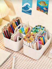 带提手塑料收纳盒，办公塑料收纳盒，便携式塑料收纳盒，适用于清洁用品、浴室用品、化妆品、美术用品、工艺品、文具、教室和办公室收纳整理，手持式收纳盒 - 彩色 - 查看 4