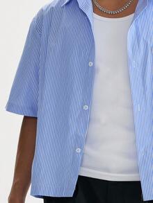 Men's Boxy Oversized Striped Button Up Shirt - 藍色 - 查看 5