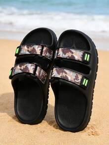 1 đôi dép xăng đan cho bé trai màu đen, đế cao su nhẹ, thiết kế hai quai, quai họa tiết rằn ri nâu, khóa trang trí màu xanh lá cây/trắng huỳnh quang, đế hở chống trượt, kiểu dáng thể thao thường ngày, thích hợp cho mùa hè 2026, sử dụng trong nhà, ngoài trời và các hoạt động thể thao nhẹ. - màu nâu - Xem 2