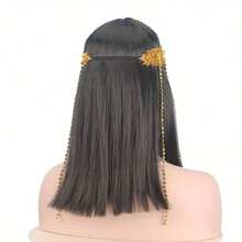Cleopatra Cosplay Wig With Headdress - Egyptian Queen Costume Wig, Straight Black Synthetic Hair With Bangs, Golden Accents & Beads For Halloween, Renaissance Fairs, Themed Parties (Includes Headpiece) - 黑色的- - 查看 7