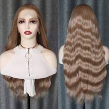 13*4 金色合成蕾丝前假发，长波浪卷发，自然发际线，耐热纤维，免胶分缝，适合女性角色扮演、日常佩戴，24英寸 - 彩色 - 查看 5