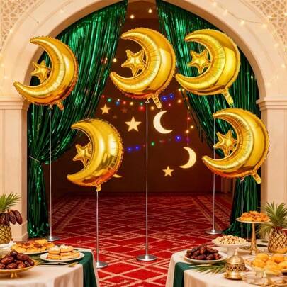 5个金色月亮星星铝箔气球套装，适用于家居、花园和派对装饰 - 非常适合开斋节、圣保罗节、圣诞节、新年、情人节和复活节庆祝活动