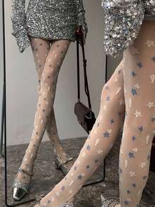 1双女士蓝白星形透明可爱连裤袜，独特设计，彰显个性，Y2K复古风情，时尚百搭，适合日常穿着 - 彩色 - 查看 4
