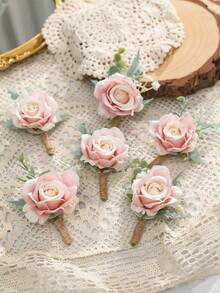 1支/6支装优雅订婚粉色亚伦玫瑰花配仿真绿植高端胸花，适用于新郎、新娘、伴郎、伴娘、婚礼、订婚、情人节、正式场合