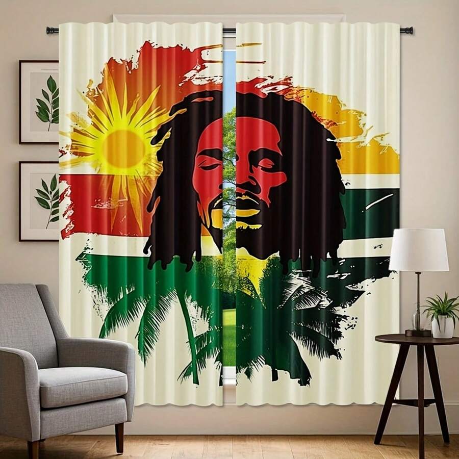 **Chill Reggae ** Style Curtains - Abstract Music Design With Sun, Palm Trees & Iconic Singer, Semi-Sheer Polyester, Machine Washable, Rod Pocket, Perfect For Spring Vibes, Living Room Decor - 彩色 - 查看 1