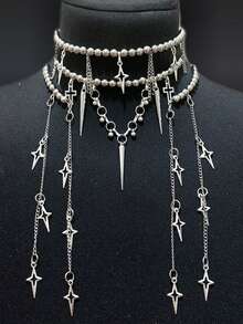 1pc Fashionable Delicate Star Cross Pendant, Punk Style Alloy Faux Pearl Rhinestone Silver Necklace Pendant, Suitable For Women's Daily, Party, Concert Wear, Can Be Christmas Or New Year Gift - Silver - View 16