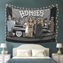 SnoopGangTapestry Homies Wall Hanging Tapestry - Urban Street Art Design With Vintage Car & Brick Wall Graffiti High-Quality Peach Light Beige Fabric Horizontal Wall Decor For Bedroom Office Party - Perfect Gift For Hip-Hop Fans Office Artwork Cartoon Style Graphic Sleek Texture - 1PC - 查看 1