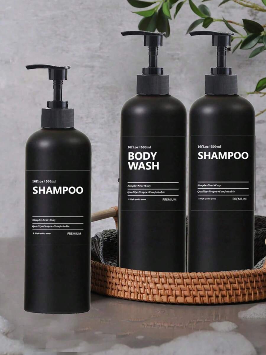 500毫升浴室哑光黑色分装瓶，带标签贴纸，可分装洗发水和护发素，也可分装洗手液/洗洁精，厨房浴室收纳，沐浴露瓶，乳液瓶，适用于美容院、酒店浴室、家居装饰配件 - 默黑 - 查看 1
