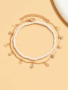 2件套沙滩度假风珍珠串珠脚链（玻璃水钻数量随机，避免接触水） - 白色 - 查看 3