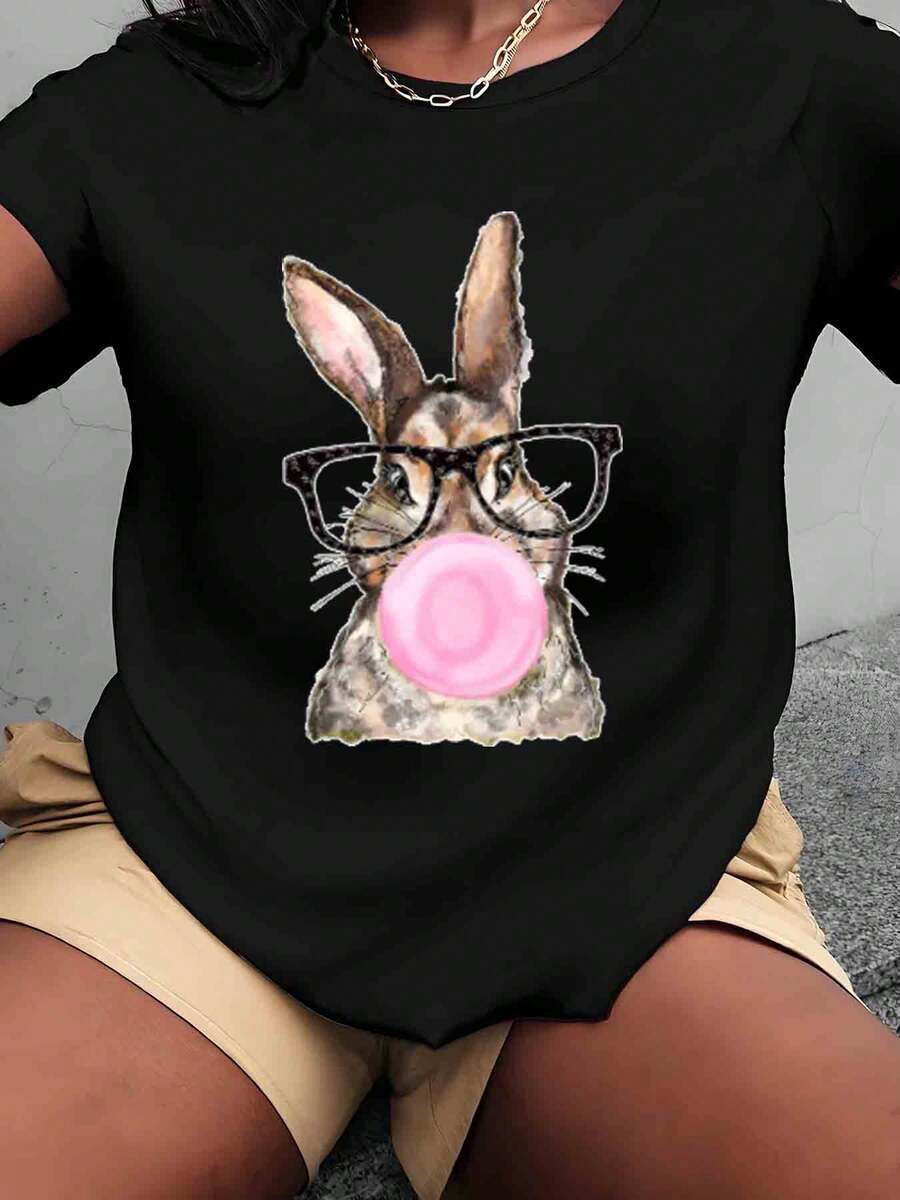 Big Size T Shirt Rabbit With Glasses And Pink Bubblegum Print Women Short Sleeve Easter Day Casual Wear Soft Comfortable 220Gsm - 黑色 - 查看 1