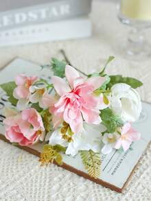 1件/3件装仿真6头牡丹丝花花束，新娘捧花材料，适用于家居、餐厅、花瓶装饰、婚礼装饰、背景幕布、婚车装饰（含DIY花环材料）、门廊装饰、花艺材料、情人节礼物、秋季装饰 - 粉紅白色 - 查看 5