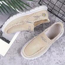 Popular Lace-Free Casual Daisy Embroidery, Raw Edge Decorative Canvas Women's Shoes, Light And Breathable, Soft And Comfortable Lazy One-Step Women's Shoes, Suitable For Going Out, Home, Walking - 米色 - 查看 4