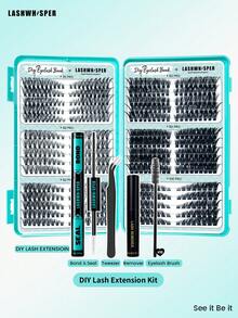 DIY睫毛嫁接套装，包含30-100D蓬松簇状假睫毛，打造自然轻盈妆效，长度9-16毫米，D卷度，双头胶水和密封剂，卸妆液，镊子和睫毛梳。 - 淺藍色 - 查看 11