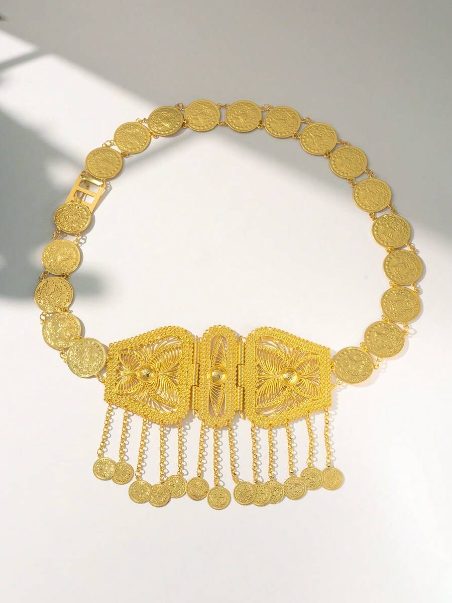 Herseygold 1pc Kurdish Turkish Bride Plated Gold Waist Chain, Middle Eastern Arabic Coin Totem Tassel Waist Belt, Women Long Dress Accessory, Festival Gift - Waist Chain - View 1