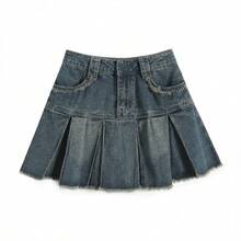 YEAE | YKK 复古蓝高腰百褶 A 字裙 - 深色水洗藍 - 查看 7