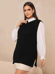 Colete Feminino Tricot Fang Max Sem Manga Social Fenda Lateral Tricô Moda Outono Inverno - Bege - Visão 7