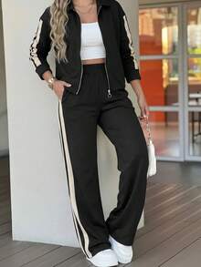 2025秋冬新款女装加大码条纹撞色外套长袖上衣+高腰直筒阔腿裤两件套 黑色 - 黑色 - 查看 1