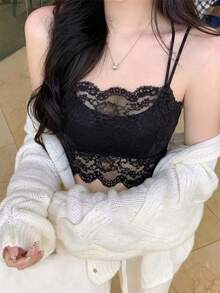 2026 Primavera/Estate Canotta corta con spalline a spaghetti in pizzo nero - Elegante e sexy top/t-shirt da donna in tessuto trasparente con motivo floreale, aderente e con schiena scoperta | Adatto per ragazze adolescenti, abbigliamento da spiaggia, strati, perfetto per San Valentino/Pasqua/Festa della Mamma/uscite serali/raduni casual del fine settimana - nero - Visualizzare 2
