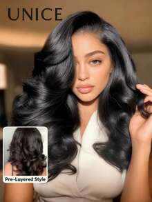 UNice Wigs For Women 100% Human Hair 13x4 Lace Front Pre Everything Frontal Wig With Loose Wave Face Framing Layers Side Swept Bangs With Drawstring Flattering Cut Can Be Dyed Heaten Pre Style Ready To Wear Instantly Breathable Transparent Lace Natural Black - SNatural - View 3