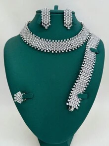 4pcs/Set Copper Cubic Zirconia Luxury Evening Jewelry Set - Necklace, Bracelet, Earrings, Ring With Tassel, Bridal Wedding Gift - White - View 1