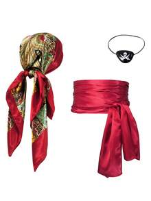 1/3pcs New Taffeta Satin Fabric Holiday Funny Cosplay Medieval Renaissance Pirate Headband And Belt Costume Set With Pirate Mask, Suitable For Valentine's Day Masquerade Party, Magic Costume Props, New Party Outfit - Multicolor - View 4