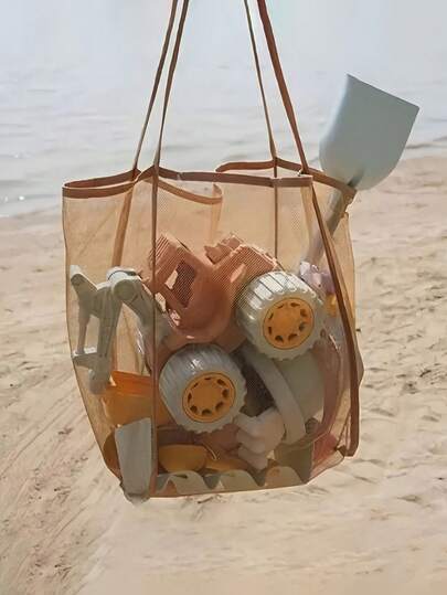 1个沙滩玩具袋，大容量可折叠沙滩手提袋，可存放玩具、贝壳、衣物和毛巾，轻便网状材质（请勿装载重物，不可用作背包或购物袋）