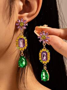 1 Pair Carnival Earrings, Classic Tricolor Purple, Green, Yellow Rhinestone Dangle Earrings, Fashionable & Unique Jewelry - Style 1 - View 5