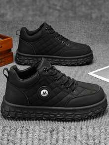 2026 New Men's Quilted Pattern Thick Sole Anti-Slip Wear-Resistant Warm Casual High-Top Shoes - Black - View 1