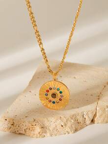 1pc Zodiac Symbol Pendant Necklace With Rhinestones, Stainless Steel Sweater Chain Design For Women