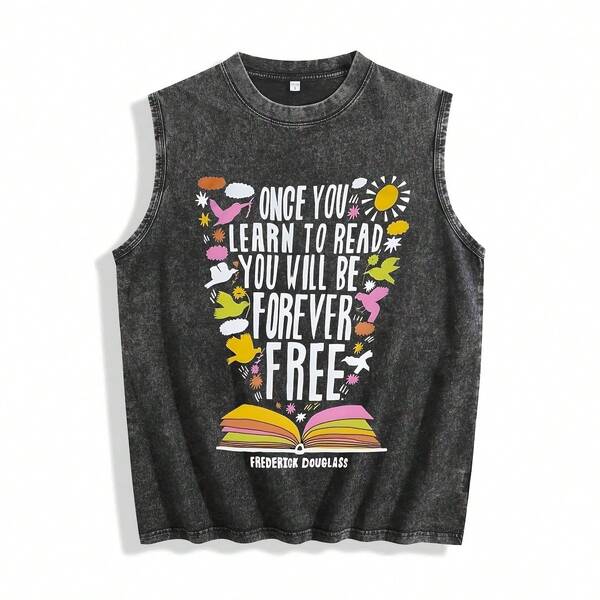 EWH Men's Y2K Vintage Distressed Charcoal Gray Sleeveless Vest - Frederick Douglass Quote "ONCE YOU LEARN TO READ, YOU WILL BE FOREVER FREE" With Vibrant Sun, Birds, Flowers & Book Graphic, Super Soft & Breathable Inspirational Streetwear Gift VS003-A