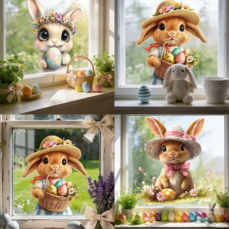 1/3pcsSpring Easter Rabbit Window Decals Adorable Bunny Wearing Hat With Eggs Electrostatic Paste Reusable For Mirror Windows Seasonal Festival Atmosphere Ornament Prop - Multicolor - View 2