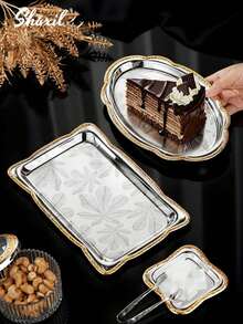 shoxil 1pc Two Tone Gold Trim Serving Platters With Tropical Leaf Pattern, Multi Shape Stainless Steel Trays, Elegant Tableware For Catering Buffet Tea Party Snack Service And Holiday Events - Tray - View 11