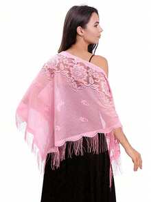 1 pieza Nuevo chal de encaje con flecos para mujer, pañuelo triangular de unicolor, ligero y transpirable, accesorio para vestido para boda, fiesta y dama de honor - Blanco - Ver 14