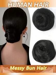 凌乱人发发髻发片直发发圈盘发带弹性橡皮筋接发人发马尾发髻甜甜圈 #1B