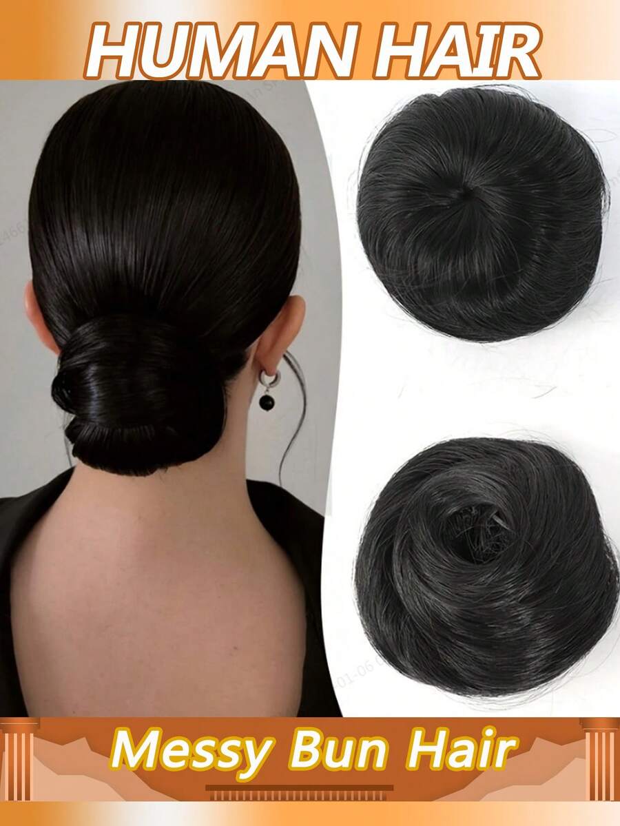 凌乱人发发髻发片直发发圈盘发带弹性橡皮筋接发人发马尾发髻甜甜圈 #1B