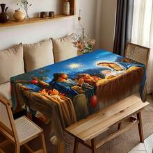 Toalha de mesa religiosa com estampa de presépio e céu estrelado, estilo pintura a óleo, para sala de jantar. Leve e lavável, feita de poliéster, ideal para jantares festivos em ambientes internos e externos. - Multicolorido - Ver 4