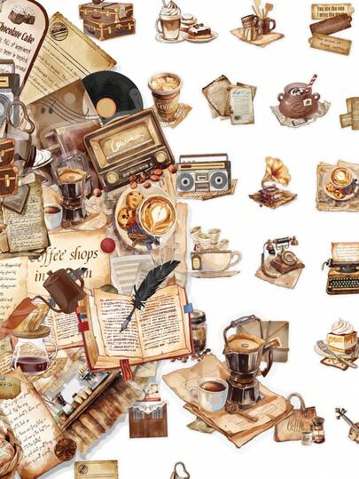 50pcs Retro Coffee Cartoon Creative PET Transparent Stickers Phone Case Planner Water Bottle Decorations Personalized Laptop Stickers